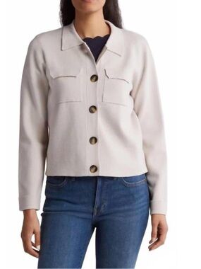 NWT T Tahari Collar Button Front Crop Sweater Jacket Cardigan Tranquil Taupe XS